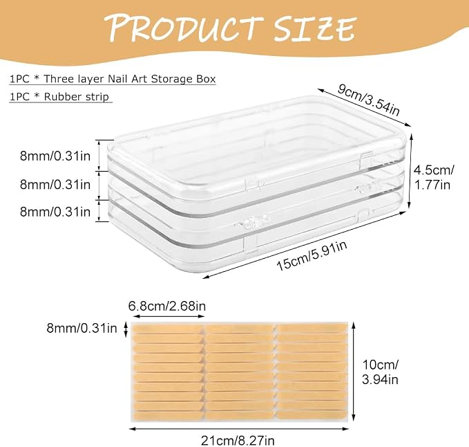 Tri-Fold Press on Nail Storage Box, Clear Organizer with Adhesive Tape | 4-Page design with 30 double sided tape sheets, PET plastic, travel portable case for fake nail art storage display