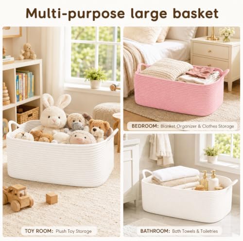 OIASKET Large Empty Cotton Rope Gift Basket with Handles, 18.9"x13.8"x7.8" Decorative Woven Storage Basket with Gift Bag and Ribbon Set for Baby Shower, Toy Organizer for Kids, Dogs & Cats - Pink