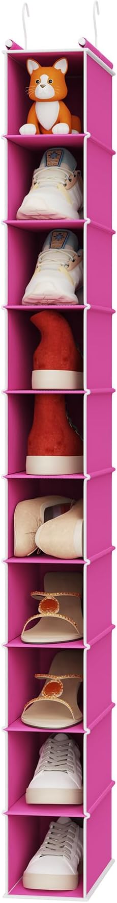 MAX Houser 10 Tier Slim Hanging Shoe Organizer,Pink | Foldable Hanging Shoe Storage Shelf with 2 Metal Hooks, Space Saving Storage for Narrow Space