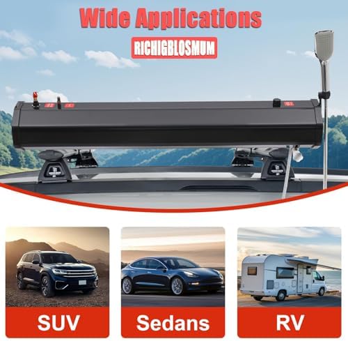 Sun-Powered Portable Roof Rack Water Tank – Pressurized Shower for Overlanding, Pet Washing, Gear Cleaning & Vehicle Storage – Includes 5.58ft Hose & Carry Bag (7.9Gal/30L)