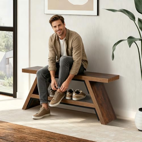 2-Tier Shoe Storage Bench, 40" Solid Wood Entryway Stool Storage | Narrow Shoes Racks for Entryway, Slim Minimalist Multi-Purpose Bench for Tight Spaces & Small Hallways