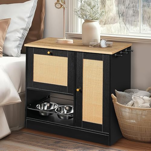 Pet Feeding Station with Elevated Bowls, Hidden Pull Out Drawer, Rattan Door, Side Hooks, Anti Tipping Kit, Adjustable Shelves, Storage Locker for Dog Food Toys Leash Supplies