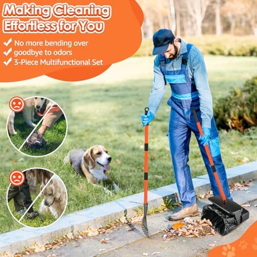 SlowTon Dog Pooper Scooper, 37.4" Long Handle Poop Scoop for Large Dogs | Adjustable, Portable, Non Breakable, with 10 Waste Bags, Swivel Large Bin & Rake & Spade Kit, for Gravel Lawn Grass