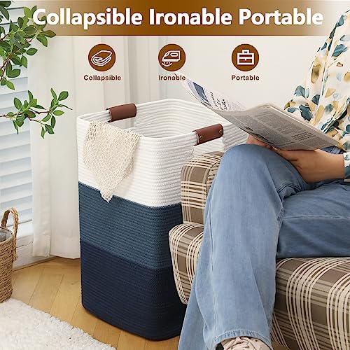 Laundry Hamper 96L Extra Large Laundry Basket, Woven Blanket Basket | Cotton Woven Storage Hamper with Handles for Living Room, Large Baskets for Pillows, Blankets, Clothes-Gradient Blue