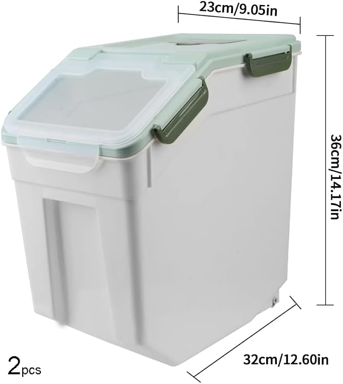 25LB Large Flour Storage Container Bin ,2 Pack Airtight Plastic with Wheels Seal Locking Lid Dispenser Organizer Storage Bin with Measuring Cup & Scoop for Flour, Rice, Grain 50LBS Total