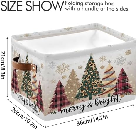 Christmas Tree Golden Leopard Storage Basket with Waterproof Liner and PU Handles Winter Cheetah Snowflake Storage Boxes 14.2" Collapsible Decorative Organizer Baskets for Bedroom Closet Office 1 Pack