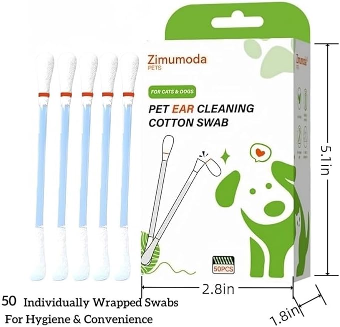50 Pcs 2-in-1 Pet Ear Cleaning Cotton Swabs for Dogs & Cats - Essential Oil Infused Cat Ear Cleaner - Gentle Ear Wax Removal - Soothing Itch & Freshness - Individually Wrapped for Easy Use