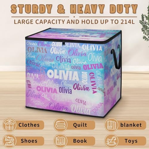 Custom Storage Baskets Cubes for Home with Name, Large Foldable Organizer Collapsible Storage Bins for Home Blanket Comforters Clothes Closet Nursery, Painted Blue Pink Background