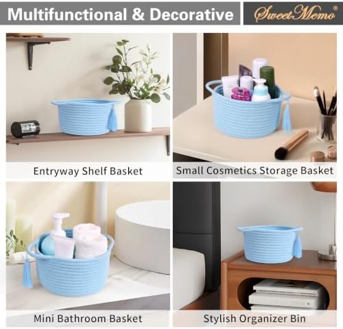 Small Gift Basket Empty to Fill, Gifts Bag & Ribbon, Light Blue | Cute Decorative Mini Woven Rope Basket with Handles for Gifting; Reusable for Bathroom Counter or Desk Catchall, 8 x 4.7 in