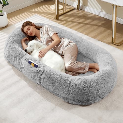 Human Dog Bed for Adults and Pets, Giant Orthopedic Memory Foam Napping Bed with Washable Fluffy Faux Fur, Oversized Bean Bag Dog Bed with Side Pocket & Carry Strap for Living Room & Bedroom