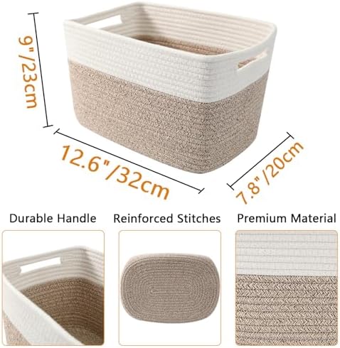 6 Pack Woven Rope Baskets, 12.6"×9"×7.8" Storage Bins, White&Brown | Storage Boxes for Toys, Books, Towels, Clothes, Shelf Baskets Organizer,Empty Gift Baskets for Living Room, Bathroom, Bedroom