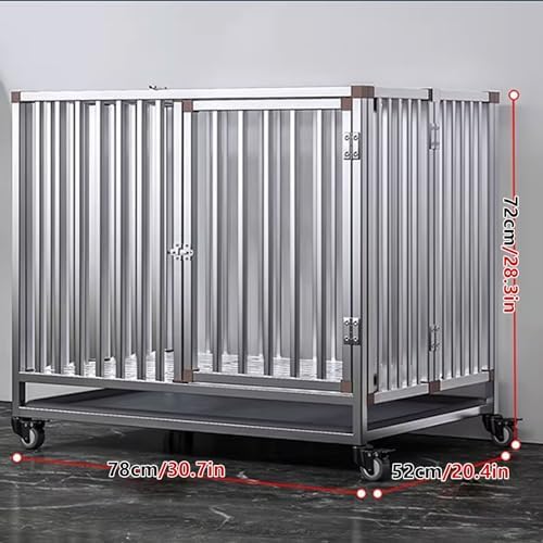 Large Foldable Dog Cage with Double Door Design, Stainless Steel, Lockable Wheels, Bottom Feeding, Removable Tray, Perfect for High Anxiety Dogs, 78x52x72cm