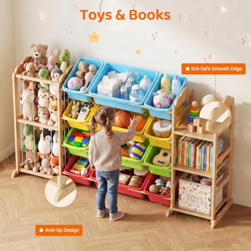 LAMU 3-in-1 Toy Organizer with Bookshelf, Stuffed Animal Storage with 12 Bins and 3 Shelves, Wooden Book Shelf for Playroom Kids Room Nursery Bedroom Living Room Decor, Multi-Colored