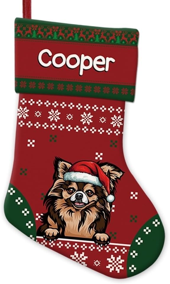 Personalized Christmas Stocking Funny Chihuahua Dog Red Christmas Snowflake Xmas Holiday Stocking Fireplace Home Decor 14"