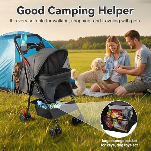 Dog Stroller, Foldable 4-Wheel Pet Strolling Cart for Small/Medium Dogs & Cats, Easy One-Button Fold, 360 Swivel Wheels & Rear Brakes, Breathable Mesh, Cup Holder & Storage for All-Season Use
