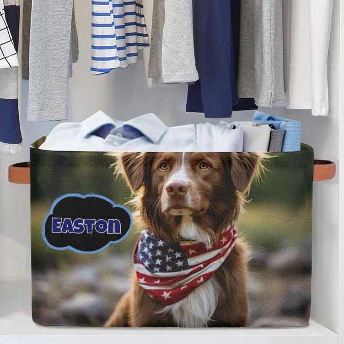 Personalized Storage Basket with Name, Rectangle Toys Pet Dog Storage Bin with Handles for Baby, Boys, Girls, Collapsible Basket for Clothes, Books