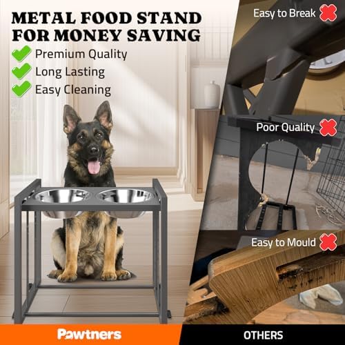 Pawtners Elevated Dog Bowl for Medium Breed, Adjustable Raised Feeder, Grey