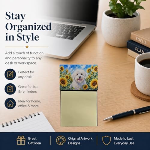Caroline's Treasures Coton de Tulear in Sunflowers Watercolor Sticky Note Holder Refillable Dispenser Desk Accessory 3x3 Pad Gift