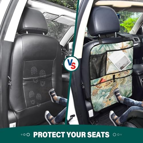 2 Pack Back Seat Car Organizer with Storage Pockets Kick Mats Back Seat Protector Hanging Car Organizer Automotive Seat Back Cover Organizers Sea Turtle Starfish Plants