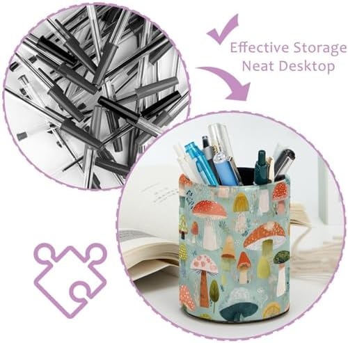 Faux Leather Pen Holder for Desk, Pencil Organizer Mushroom Pen Cup Desk Decor Makeup Brush Holder Storage for Office Home
