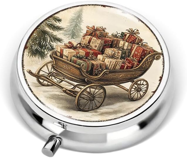 Portable Round 3 Compartment Metal Pill Box Christmas Sled with Gifts Ideal for Kitchen Office Cafe Storage