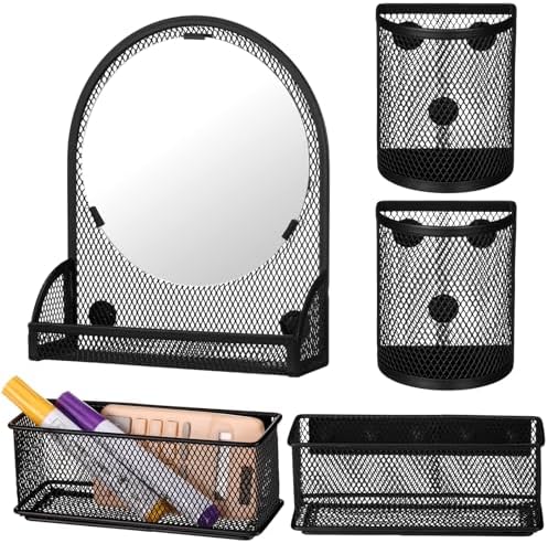 Weysat Set of 5 Magnetic Locker Accessories Mirror with 2 Magnetic Pen Holder and 2 Wire Mesh Storage Basket for Students Back to School Locker Organizer for School Office(Black)