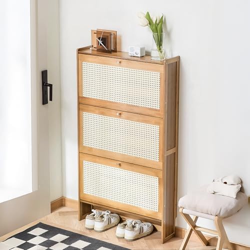 Magshion Narrow Shoe Cabinet for Entryway Slim Thin Bamboo Freestanding Shoe Storage with Flip Drawers for Hallway, Living Room (Natural, 47.5" x 27" x 7")