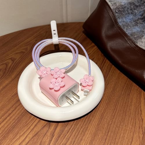 Cute Flowers Cable Protector for iPhone Charger Cover,3D Floral Cherry Buds Blossoms Charger Cord Protector for Women Girl,DIY Phone Cord Protector Charger Accessories for iPhone 14 15 16 Plus Pro Max