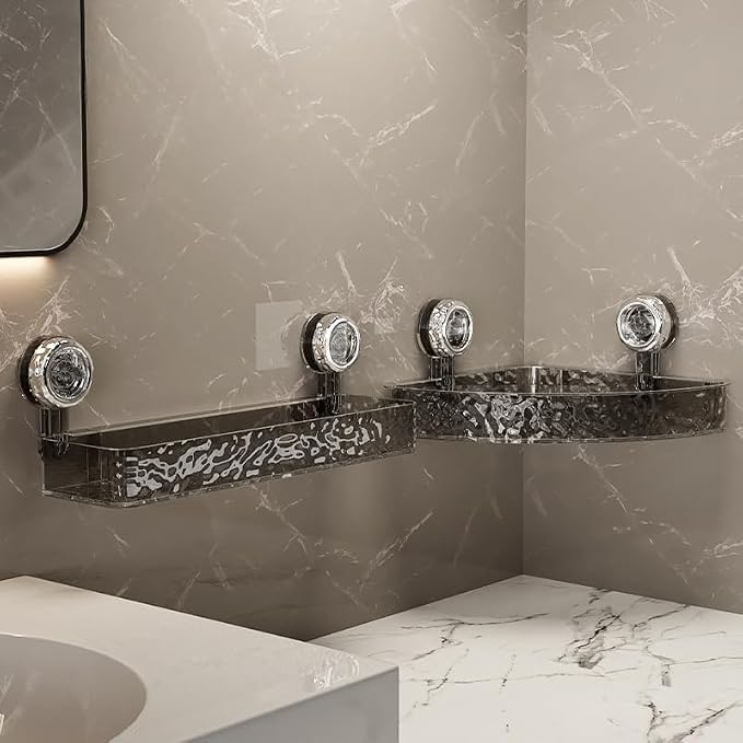 No Drill Clear Wall Caddy, 2024 New Wall Mounted Organizer Shelf Light Luxury Style Glacier Pattern Suction Cup Shelf, Drill Free Removable Caddy Shower Organizer (Clear, Triangle)
