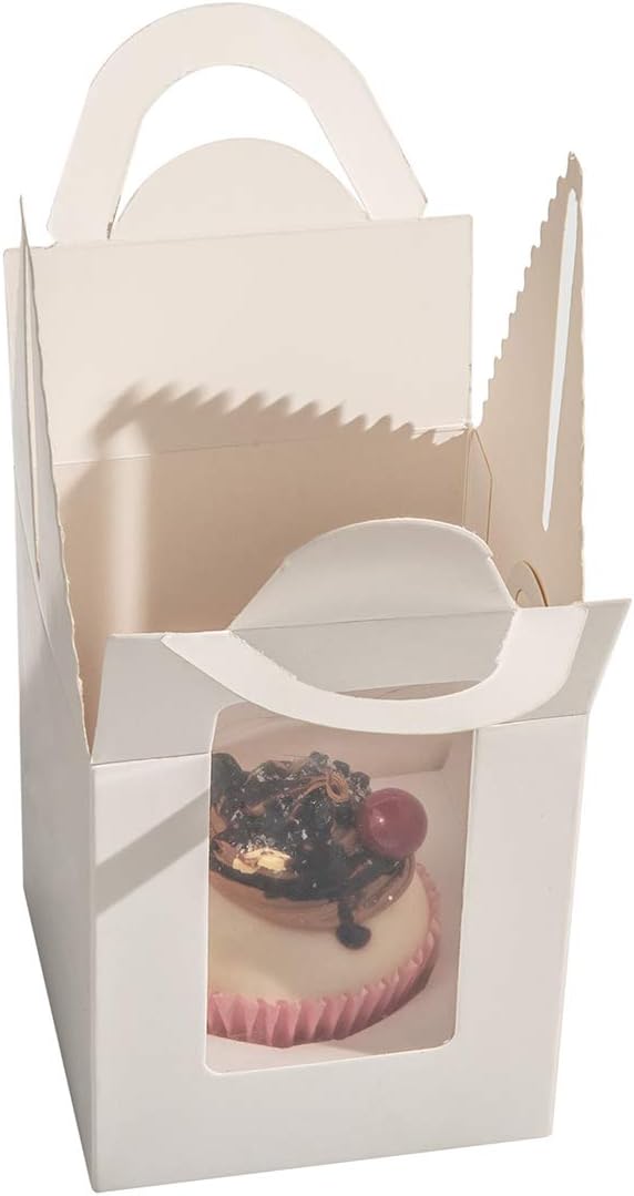 25 Pcs Single White Cupcakes Containers Gift Boxes with Window Inserts Handle for Wedding Candy Boxes (25P-Handle-White)