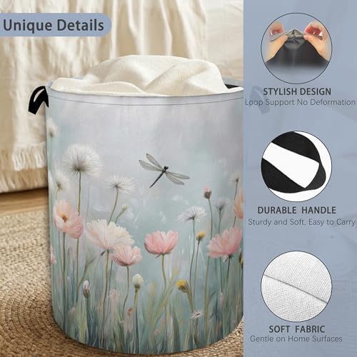 Dragonfly Laundry Hamper,Dandelion Flower Dirty Clothes Laundry Basket with Handles Waterproof Oxford Cloth Storage Basket for College Dorms Bathroom Bedroom 16" x 20.8"