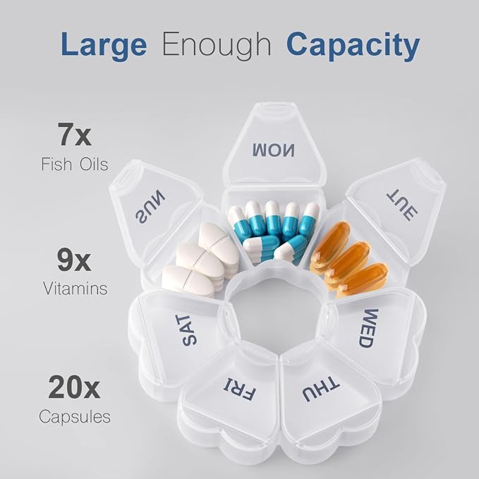 Large Weekly Pill Organizer, Pill Box 7 Day, KAPENS Daily Vitamin Case Large Capacity Compartments, Pill Containers for Fish Oil Medicine Supplements, White