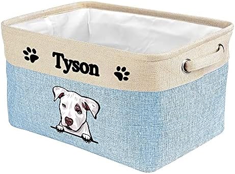 Personalized Storage Basket with Funny Dog Pit Bull Collapsible Sturdy Fabric Pet Toys Fabric Dog Toy Storage Bin Cube with Handles for Organizing, Blue amd White