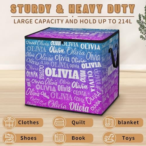 Custom Comforters Storage Basket with Lid, Personalized Name Large Organizer Bin for Pet/Children Toys, Books, Clothes, Perfect for Rooms/Playroom, Gradient Blue Violet Purple Glittering