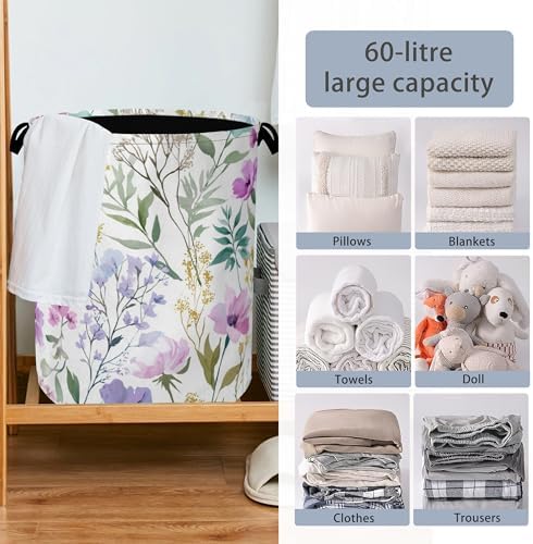 Wildflower Plant Laundry Basket,Botanical Oxford Cloth Laundry Hamper with Handle Foldable Portable Clothes Storage Basket for Bathroom Bedroom Dorm Room 16" x 20.8"