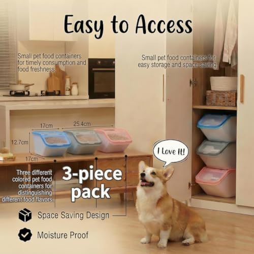 3-Pack Airtight Pet Food Storage Container Set, 3000ML Small Dog Cat Food Bin with Scoop, 10" x 6.7" Clear Kibble Container with Sealing Ring, Moisture-Proof Treat Organizer - Blue, Pink, Grey