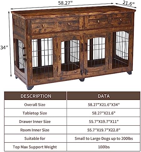 2 Dog Crate Furniture for Large Breeds,Large Dog Kennel Furniture TV Stand,58" Wooden Dog Kennel End Table with Drawers,Double Dog House with Divider