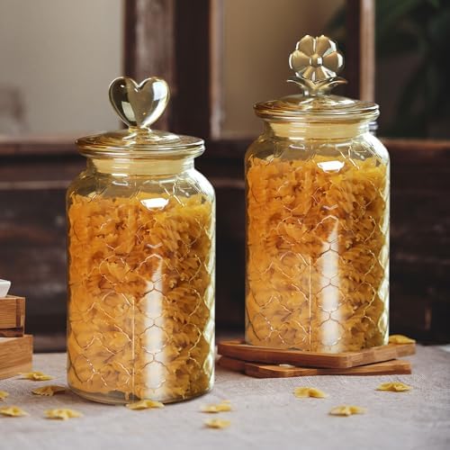 Joeyan 45 oz Amber Glass Canisters with Airtight Lids,Vintage Embossed Glass Storage Jar,Decorative Kitchen Food Container Organizer Apothecary Jars for Candy, Flour, Coffee Bean, Cookie, Pet Treats
