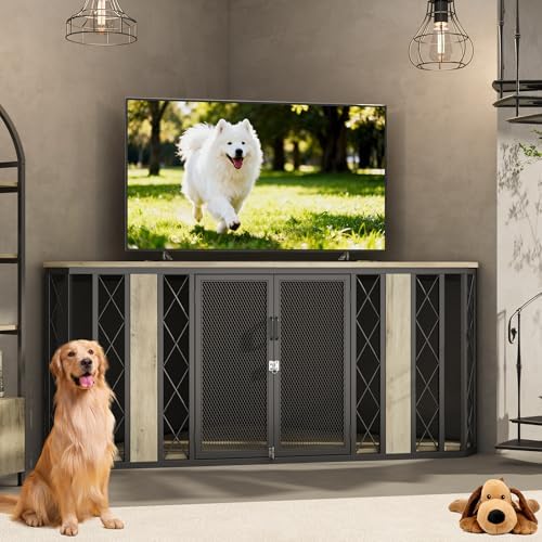 kepptory 67" Corner Wooden Dog Crate Furniture with Diamond Metal Decoration, Pet Kennel for Small, Medium and Large Dogs, Space-Saving Dog Cage for TV Stand(Grey)
