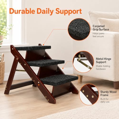 Dog Stairs for Bed, Foldable Pet Steps for Small Dogs, Cats & Senior Pets, 3 Steps Wooden Steps for Couch, Dog Stairs for Car, 110 lb, Brown