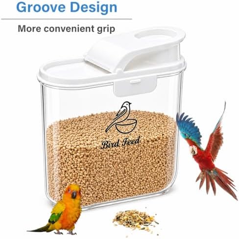 Bird Seed Storage Container,2.1 Qt/2L Bird Food Container with Pour Spout | Bird Food Storage Container with Scale for Sunflower Seeds, Portable Travel Kibble Storage Dispenser for Small Animal, White