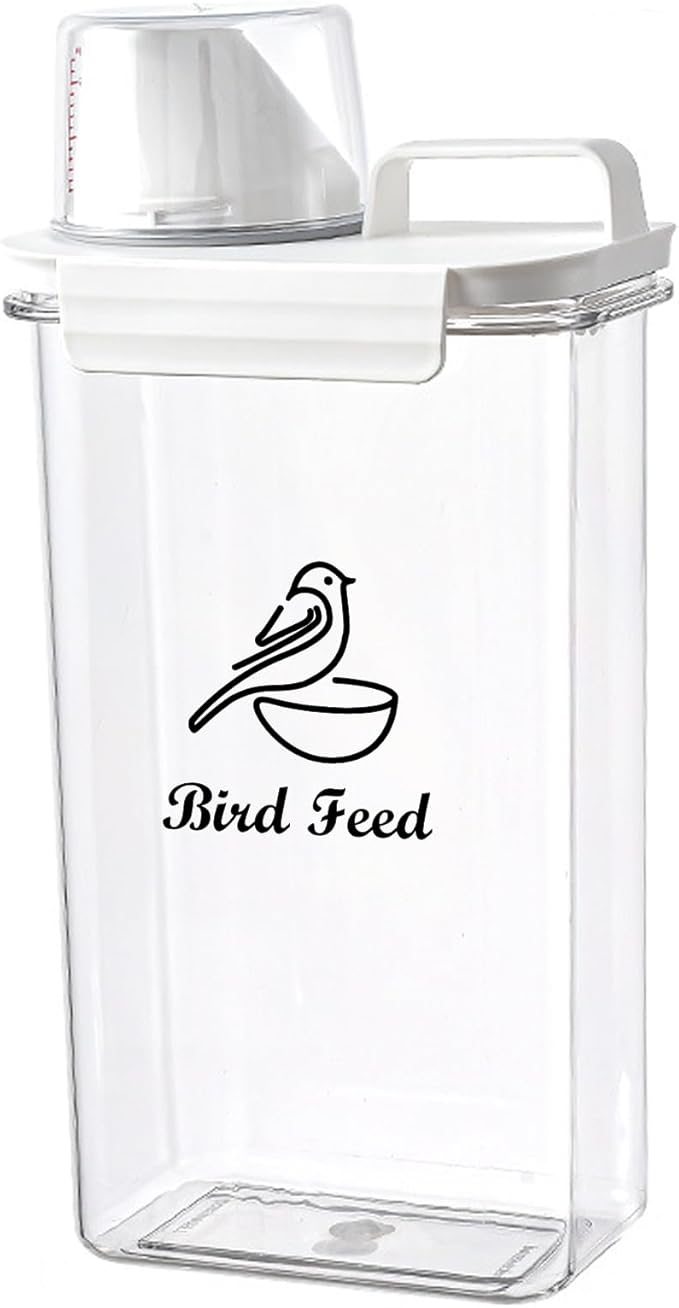 Bird Seed Storage Container Airtight | 3 Qt/2.5 L Clear Plastic Bird Food Container Portable-with Measuring Cup/Lid|Pet Food Storage Container |Wild Bird Seed Dispenser|BPA Free