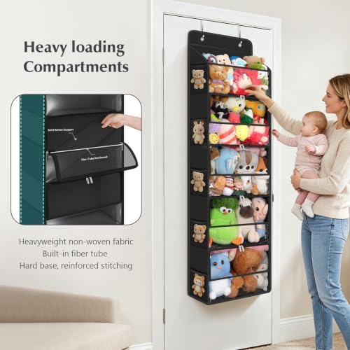 Univivi Over Door Stuffed Animal Storage,5-Tier Toy Organizer,Black | Breathable Mesh,Dustproof Zipper Pockets,Clear PVC Window,Heavy Duty,for Playroom & Bedroom