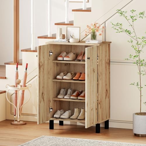 GIANTEX Shoe Cabinet with Doors, Modern Wooden Narrow Shoe Storage Cabinet | 4-Tier Freestanding Shoe Rack Cabinet with Flat-panel Doors & Adjustable Shelves for Entryway, Hallway, Closet