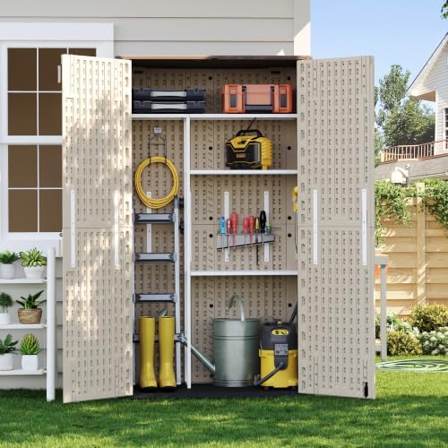 Tall Vertical Outdoor Storage Cabinet with 3-Tier Shelves, 6.8x4 Ft Waterproof Thickened Khaki Resin Storage Shed for Patio, Garden and Garage