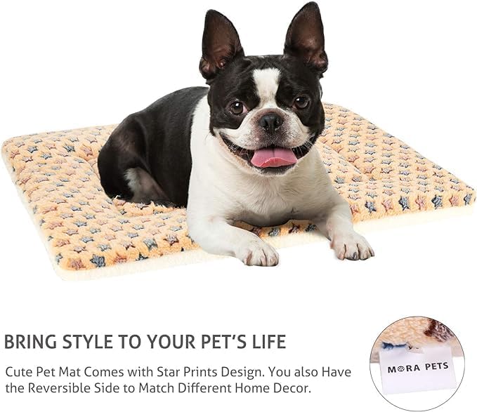Mora Pets Dog Crate Pad Bed Ultra Soft Pet Mat Star Print Brown 35 x23 Inch | Washable Crate Mat for Small Medium Large Dogs, Reversible Fleece Dog Crate Kennel Mat Flat Cat Bed Liner