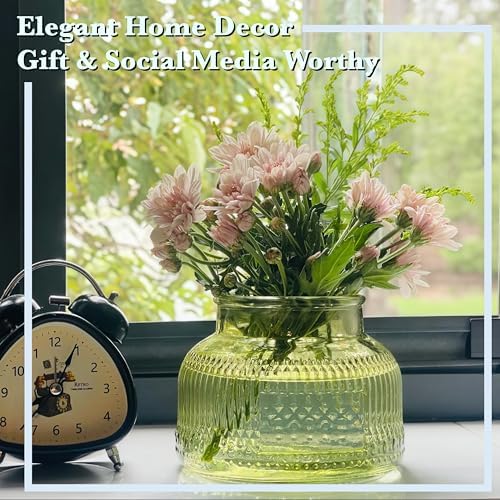 Decorative Green Ribbed Glass Jar with Airtight Wooden Lid, 40 fl. oz | Wide mouth vintage storage canister, kitchen pantry bathroom organization, coffee sugar tea cookie candy candle vase gift