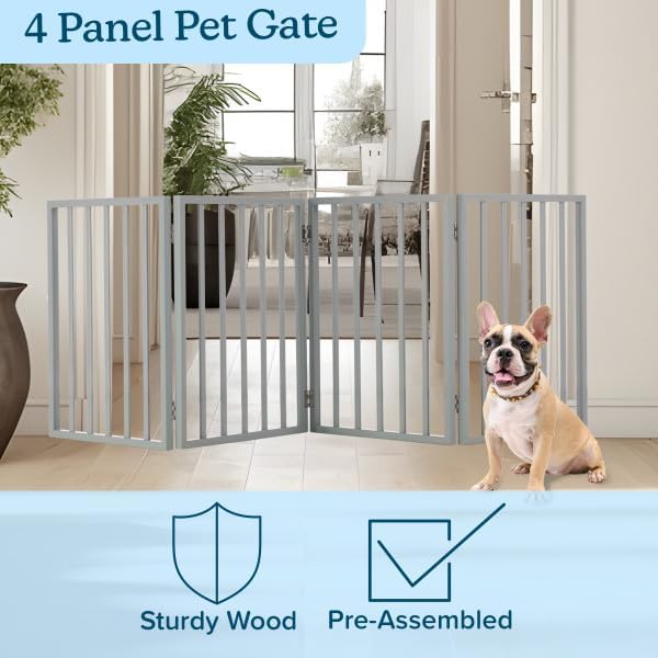 Pet Gate - 4-Panel Indoor Foldable Dog Fence for Stairs, Hallways, or Doorways - 72x24-Inch Retractable Wood Freestanding Dog Gates by PETMAKER (Gray) | Foldable Dog Fence with Accordion Design, Wooden Safety Pet Fence for Stairs, Hallways, Doorways, a...