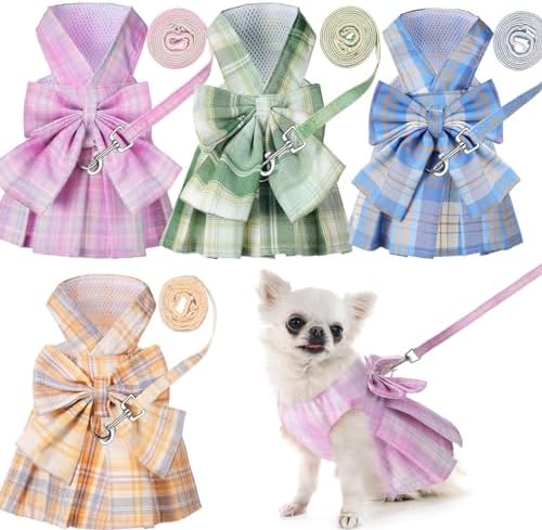 Potchen 4 Pcs Plaid Dog Dresses with Bow Harness and Leashes,L,Light Color