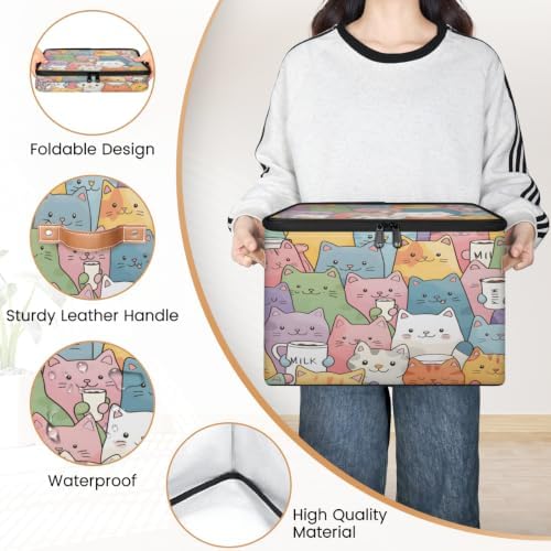 Cute Cartoon Cats Storage Box with Zipper Lid | Collapsible, Fabric, Storage Bin, Handle, Large, Closet Organizer, Containers, Bedroom, Home, Cat